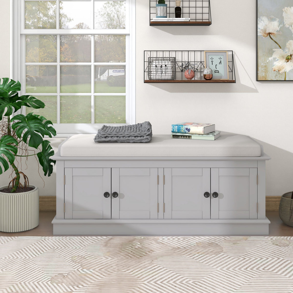 Entryway Storage Bench with Doors and Cushioned Seat