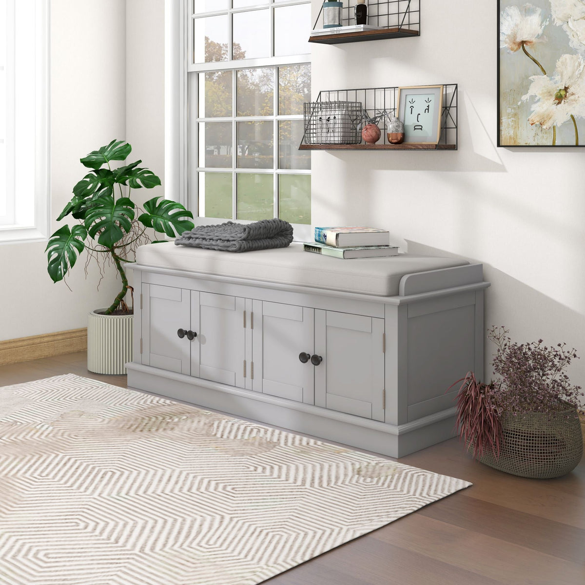 Entryway Storage Bench with Doors and Cushioned Seat