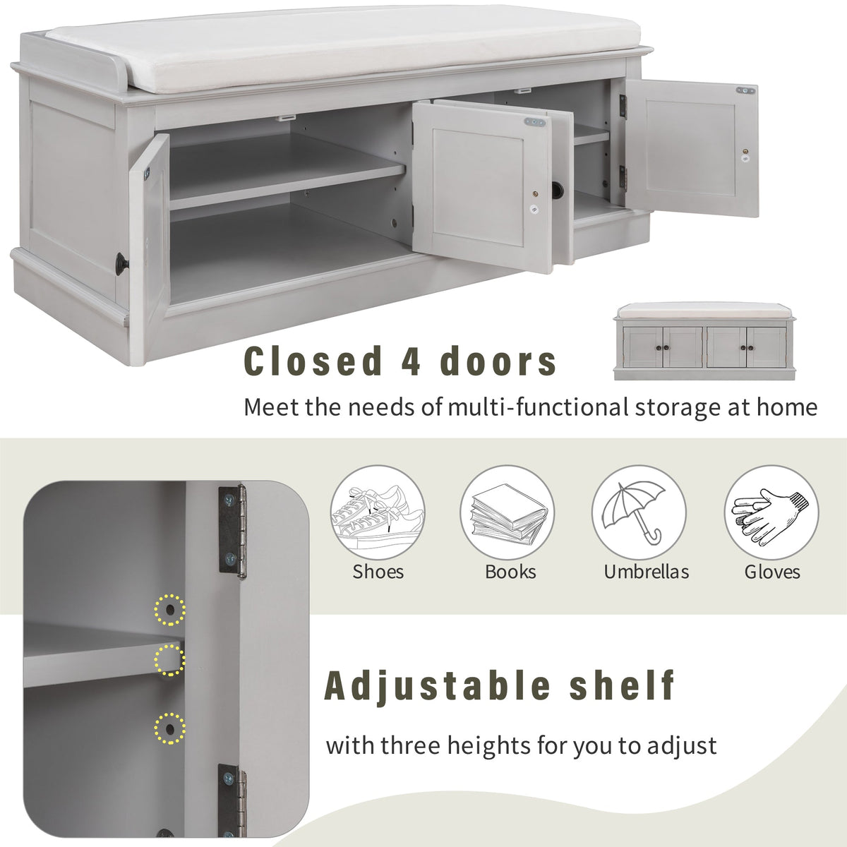 Entryway Storage Bench with Doors and Cushioned Seat