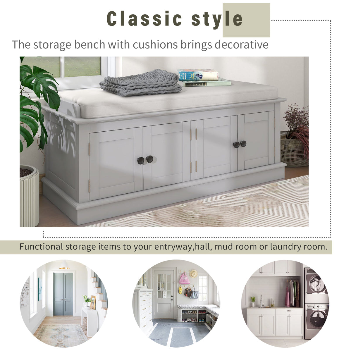 Entryway Storage Bench with Doors and Cushioned Seat