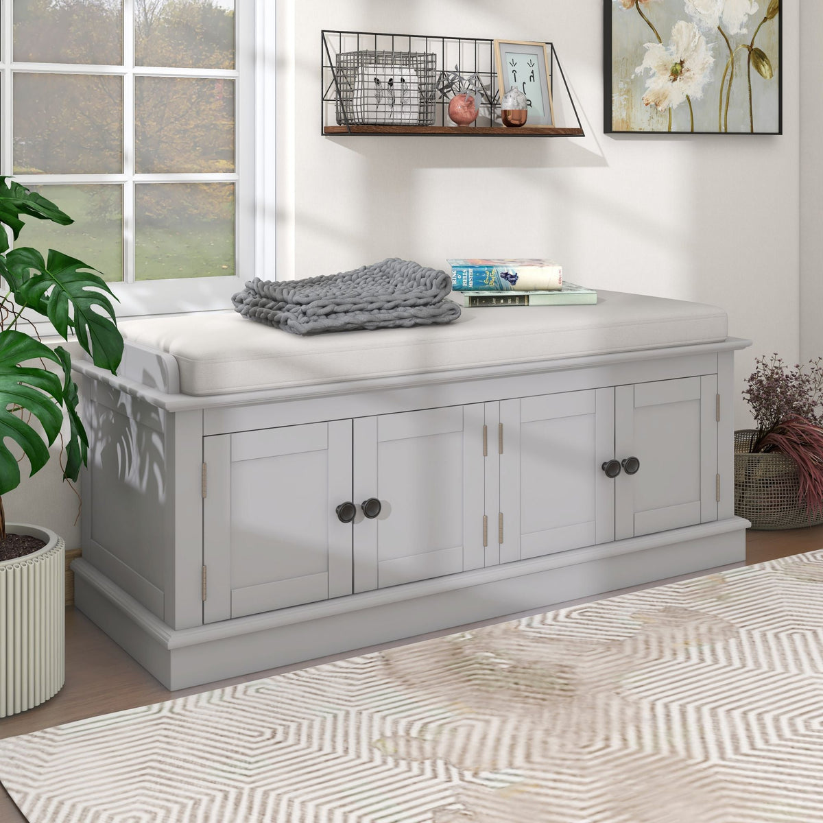 Entryway Storage Bench with Doors and Cushioned Seat