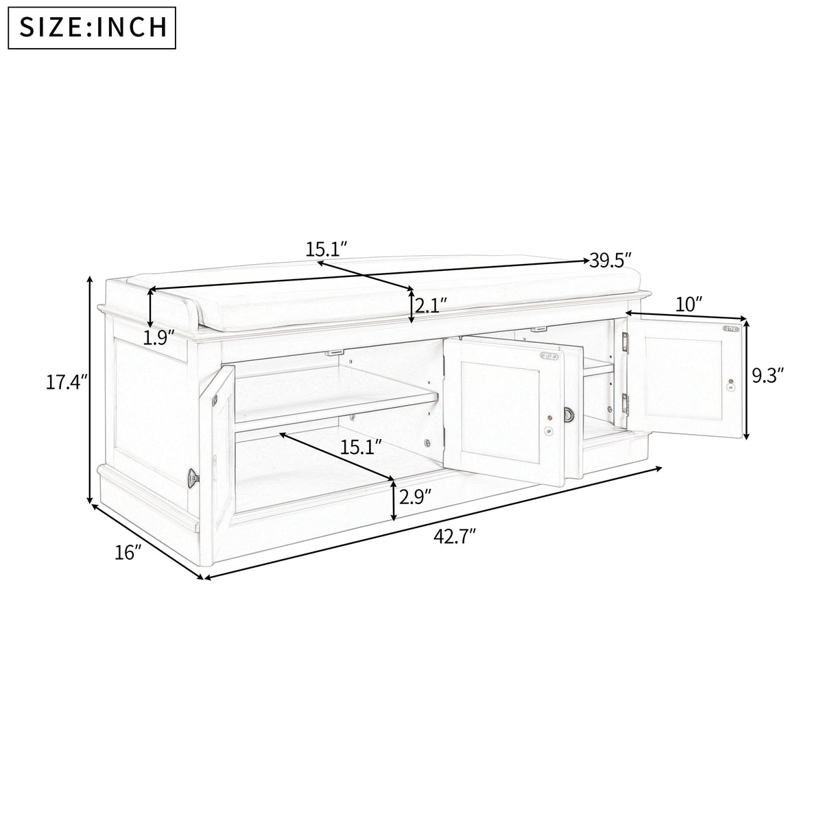 Entryway Storage Bench with Doors and Cushioned Seat