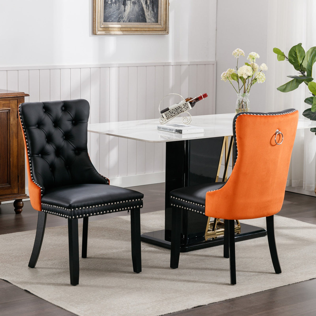 Black and Orange Tufted Dining Chairs Set of 2