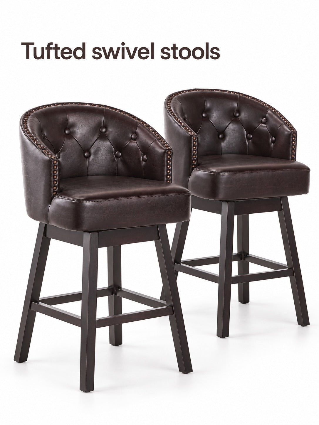 Tufted Faux Leather Swivel Bar Stools, Set of Two Espresso