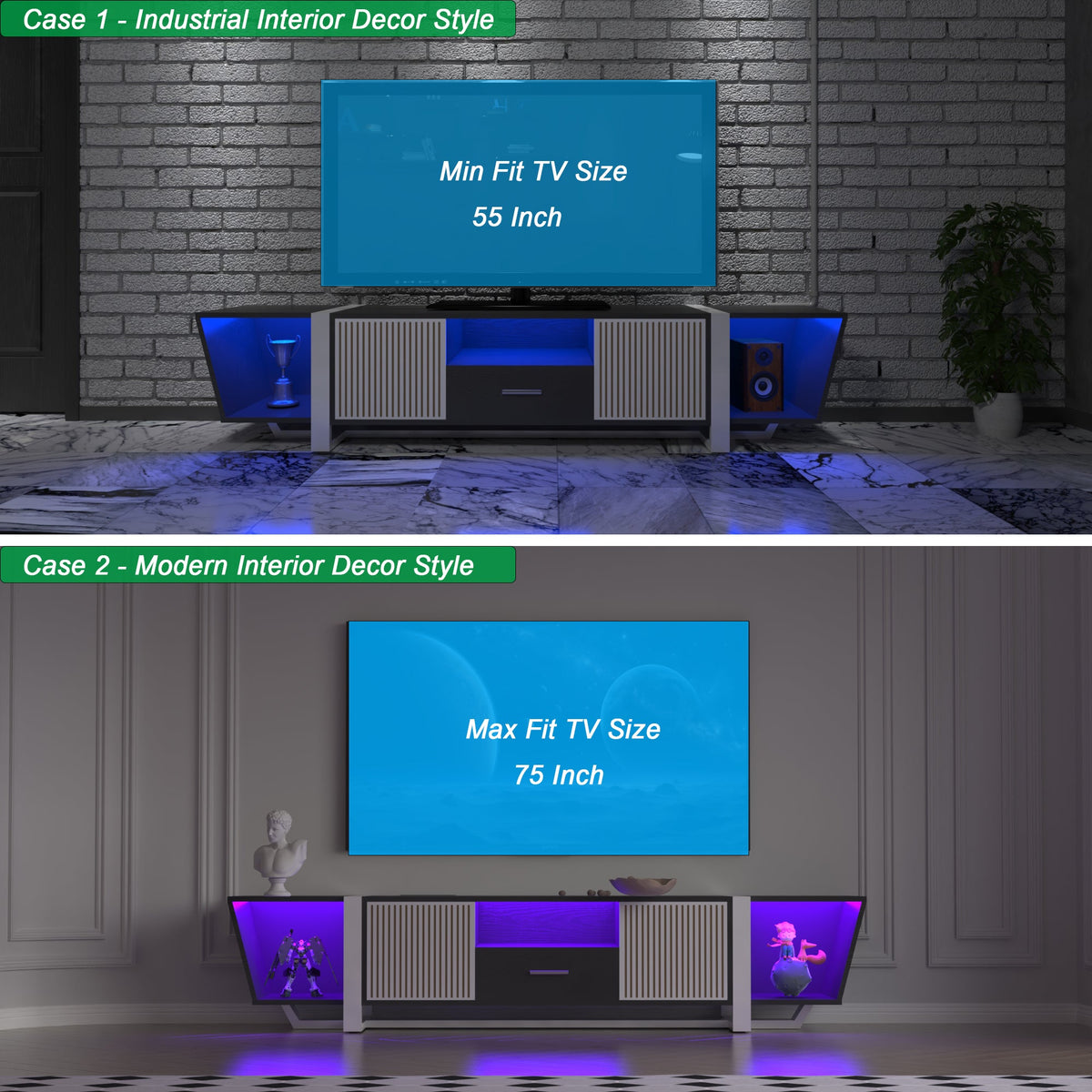 TV Console with LED Lights and Storage Cabinet, Black