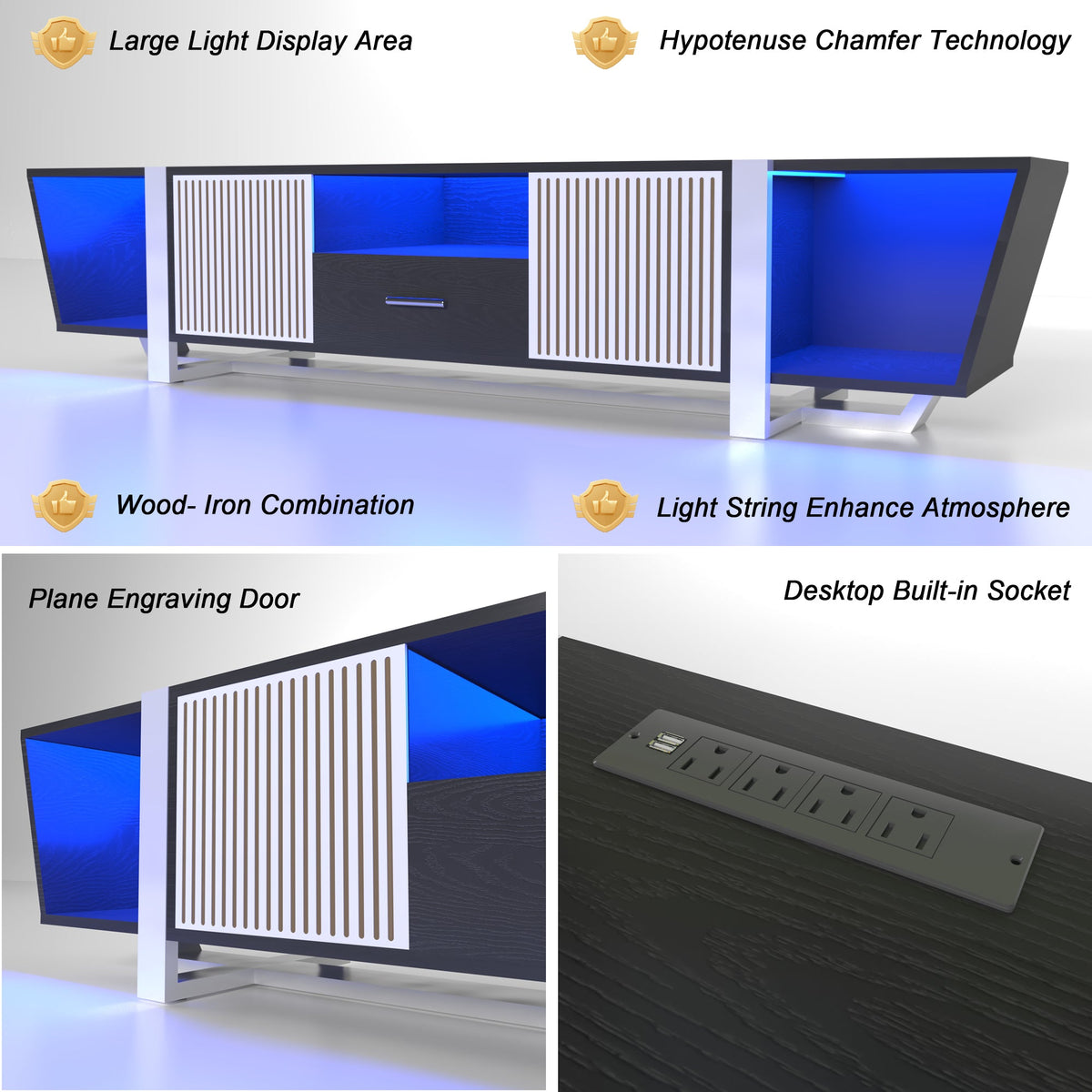 TV Console with LED Lights and Storage Cabinet, Black