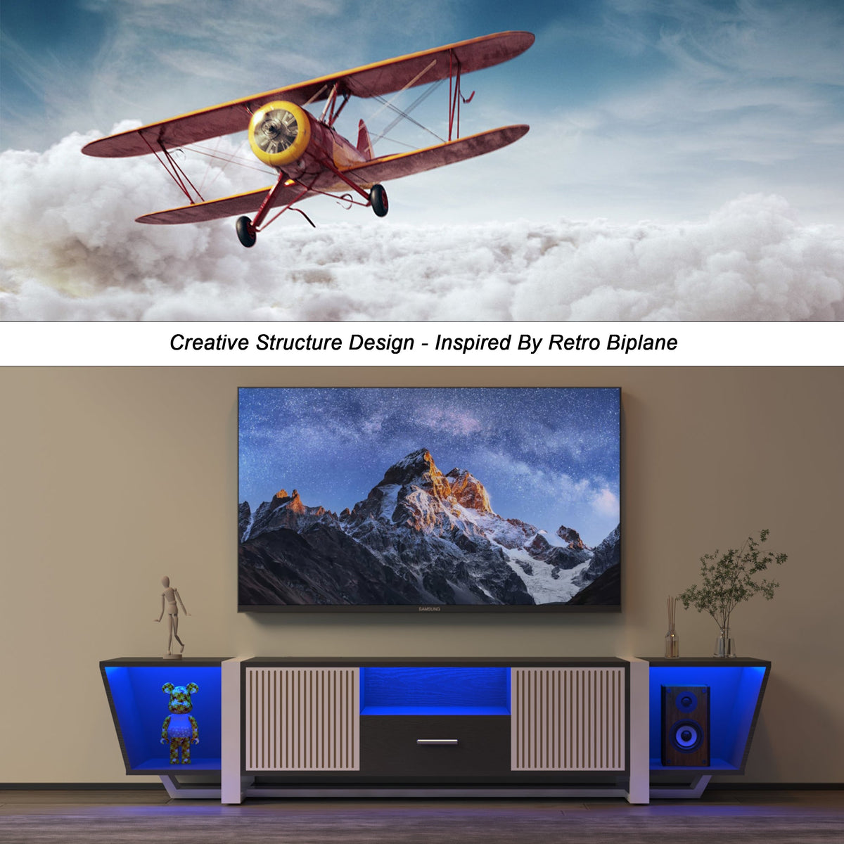 TV Console with LED Lights and Storage Cabinet, Black
