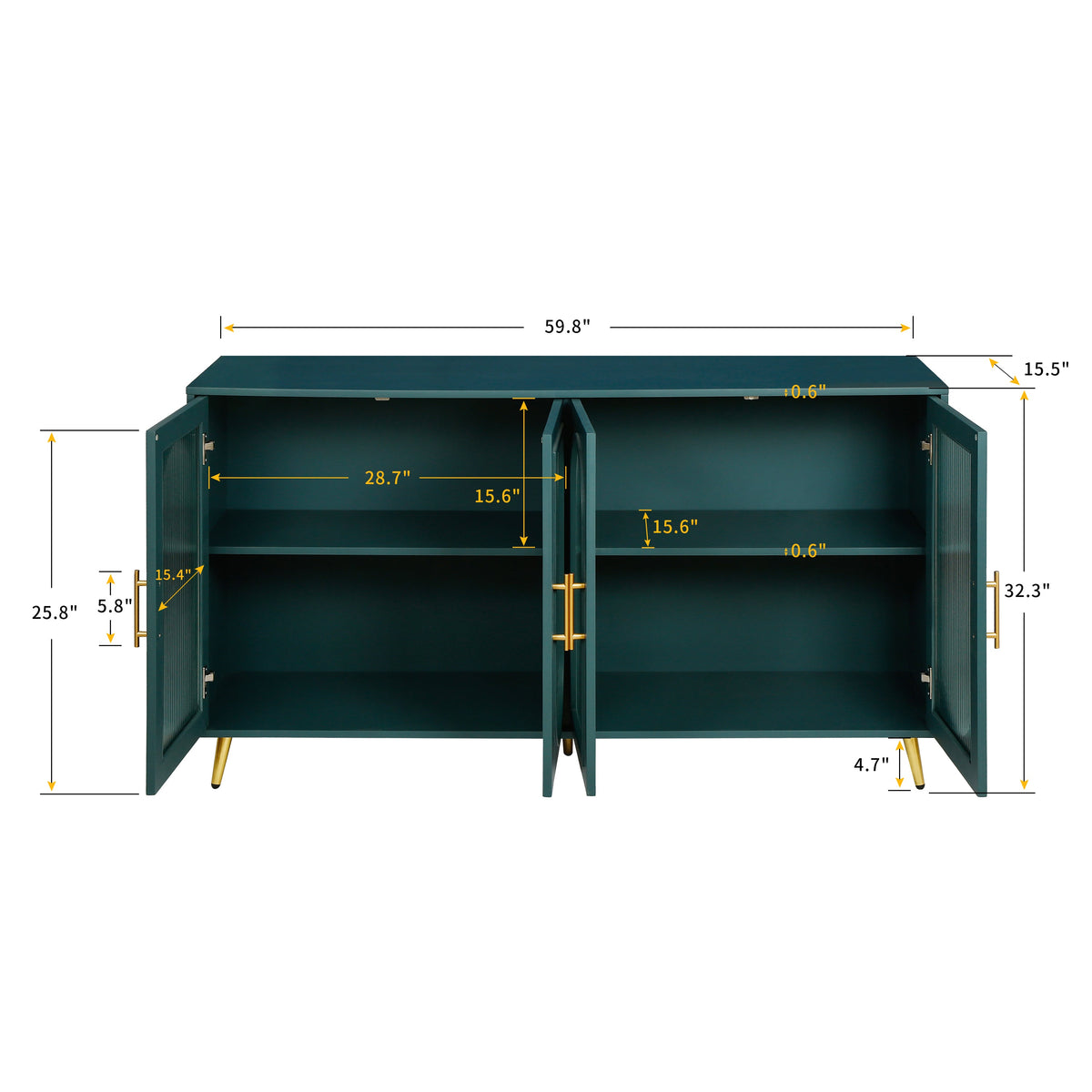 Teal Wood TV Stand for 65" TV with Fluted Glass Doors