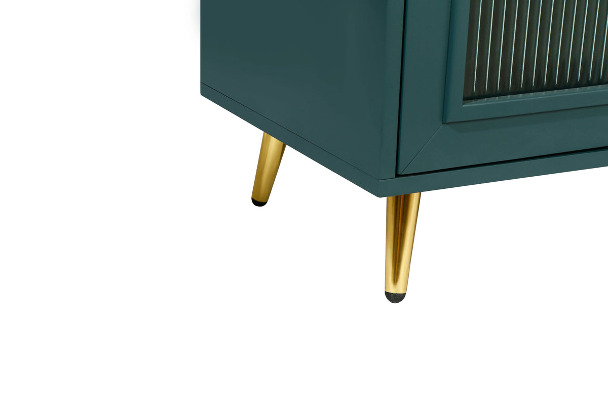 Teal Wood TV Stand for 65" TV with Fluted Glass Doors