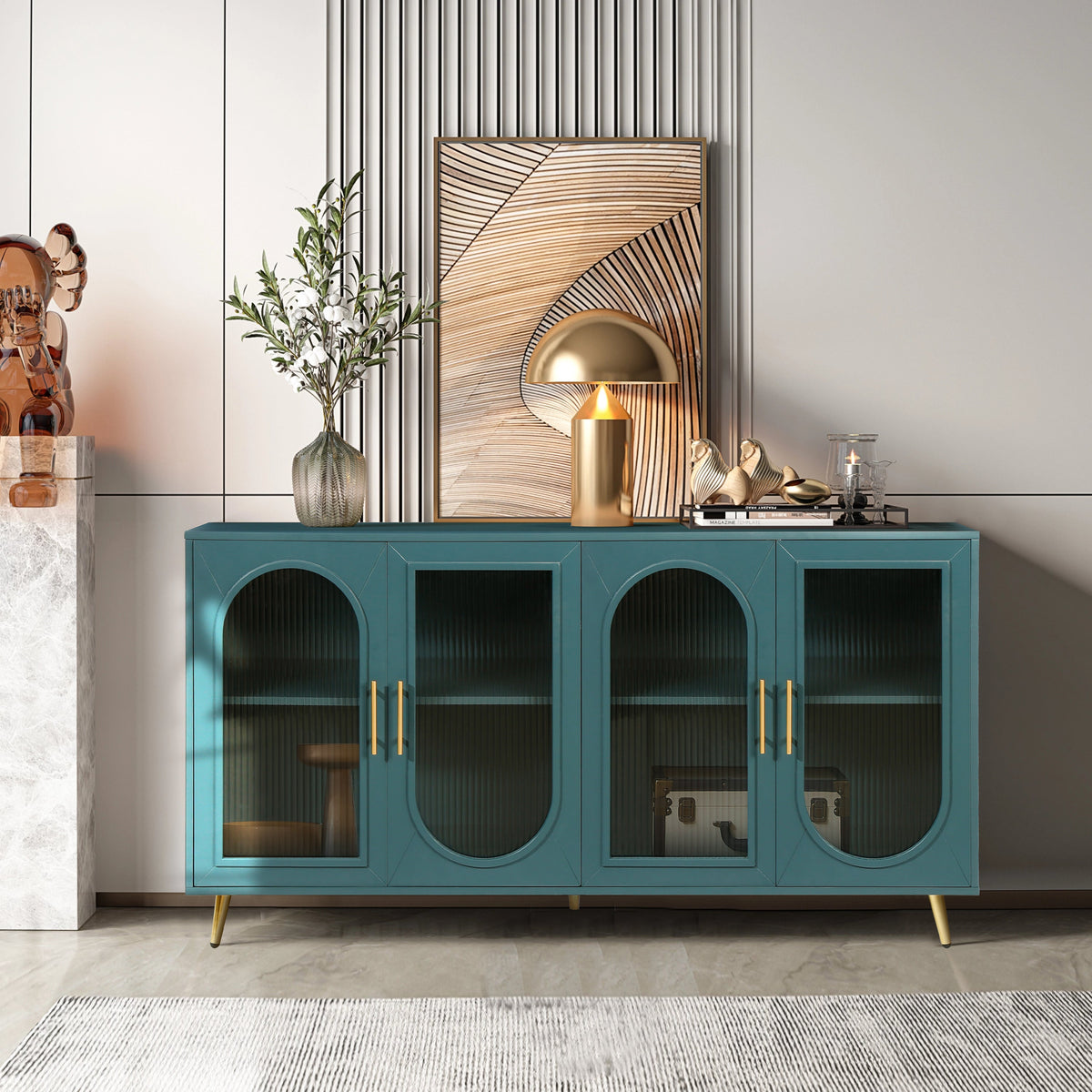 Teal Wood TV Stand for 65" TV with Fluted Glass Doors