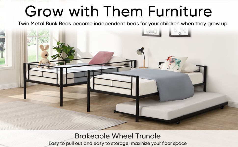 Black Metal Twin Bunk Bed with Trundle for Kids' Rooms