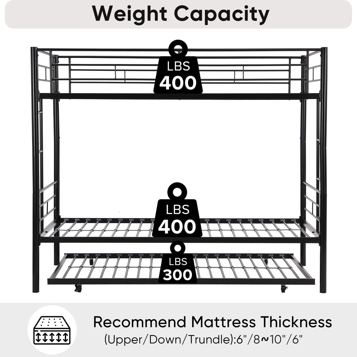 Black Metal Twin Bunk Bed with Trundle for Kids' Rooms