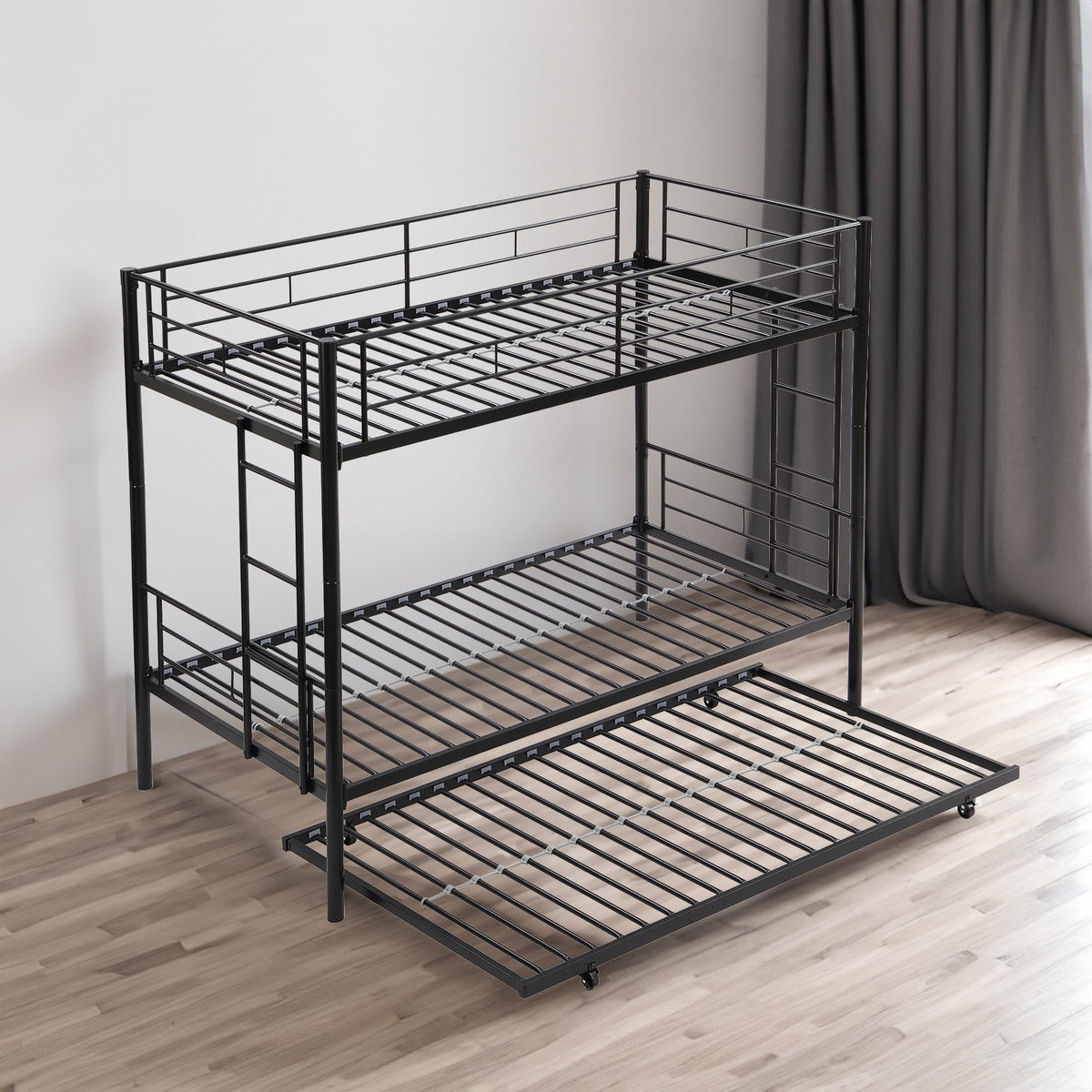 Black Metal Twin Bunk Bed with Trundle for Kids' Rooms