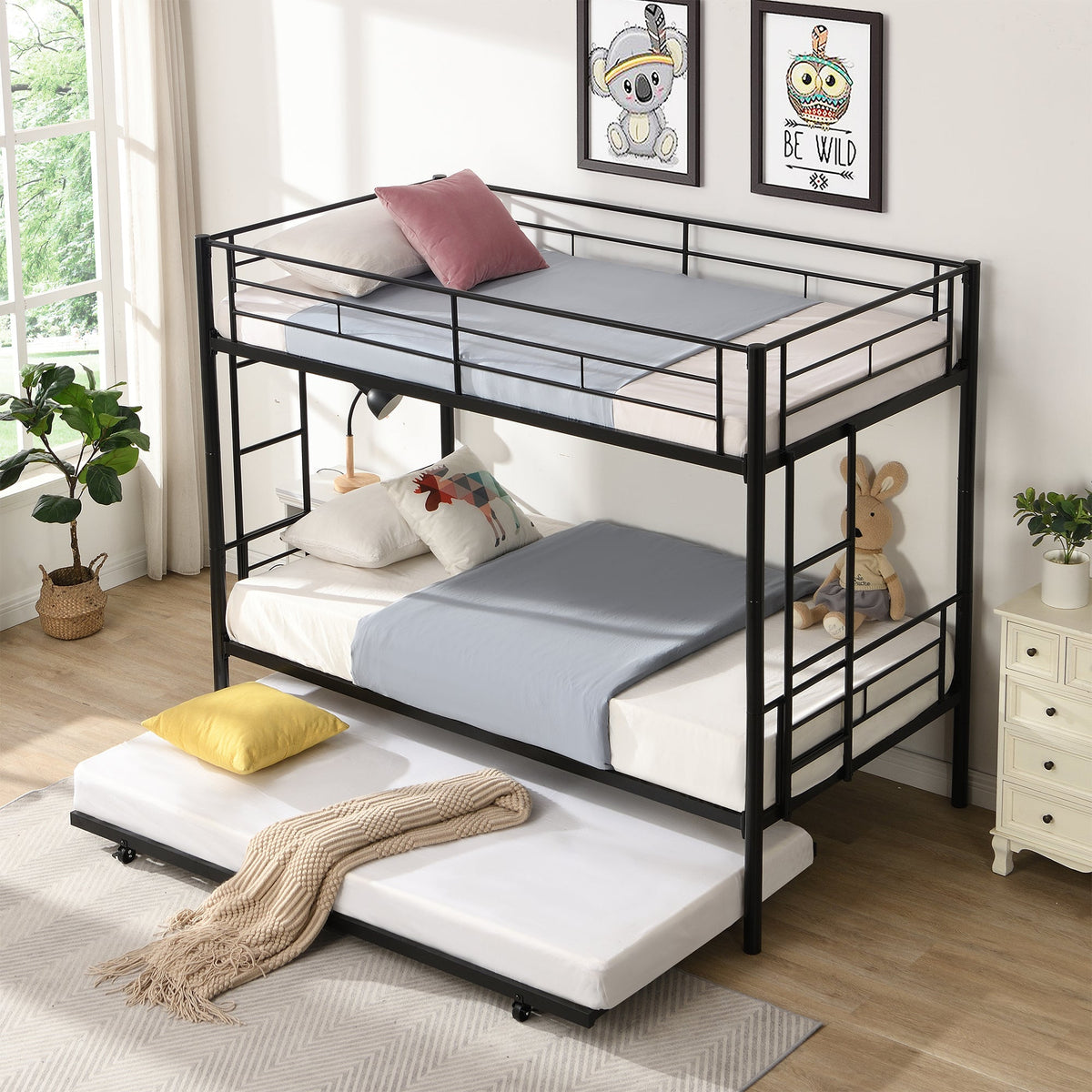 Black Metal Twin Bunk Bed with Trundle for Kids' Rooms