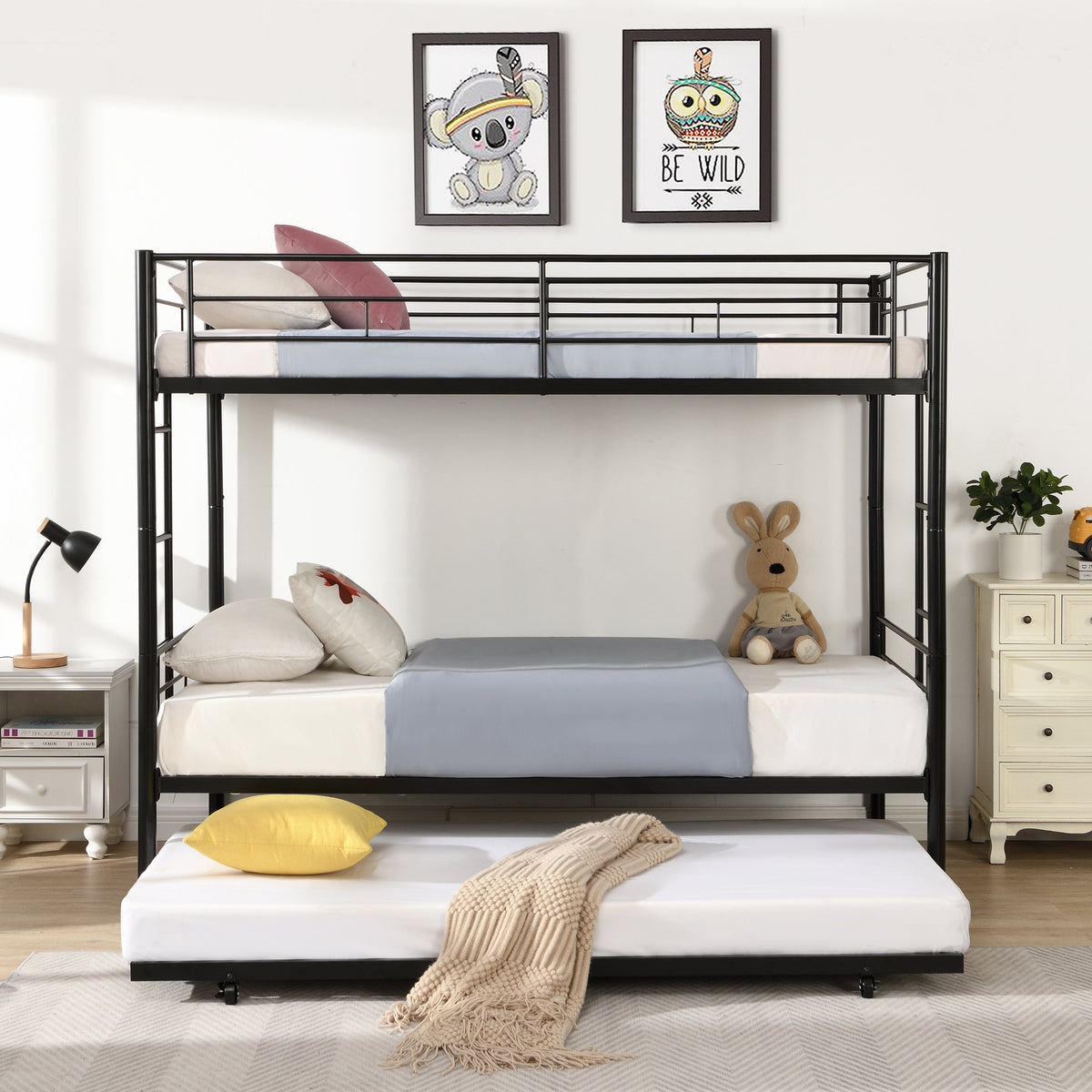 Black Metal Twin Bunk Bed with Trundle for Kids' Rooms
