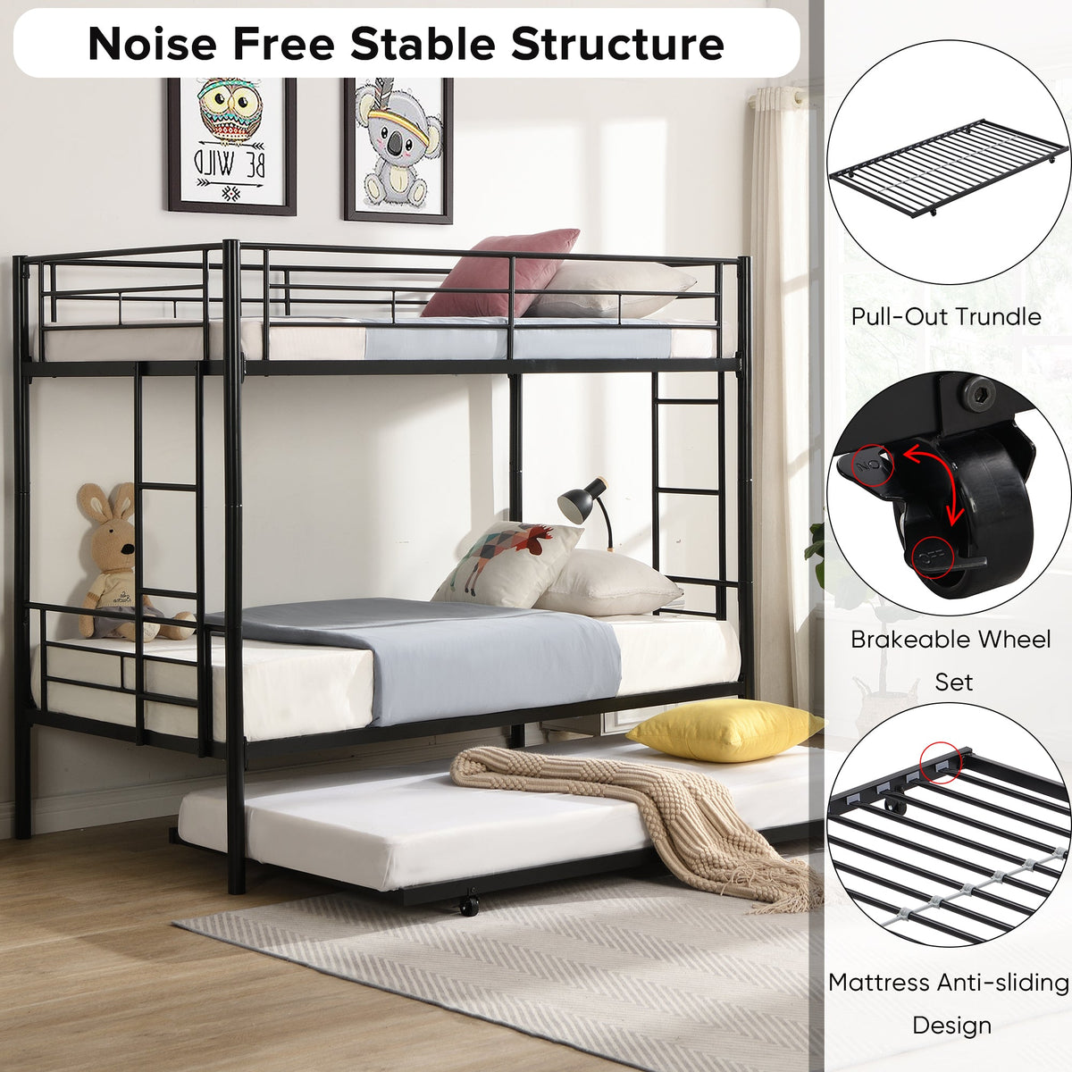 Black Metal Twin Bunk Bed with Trundle for Kids' Rooms