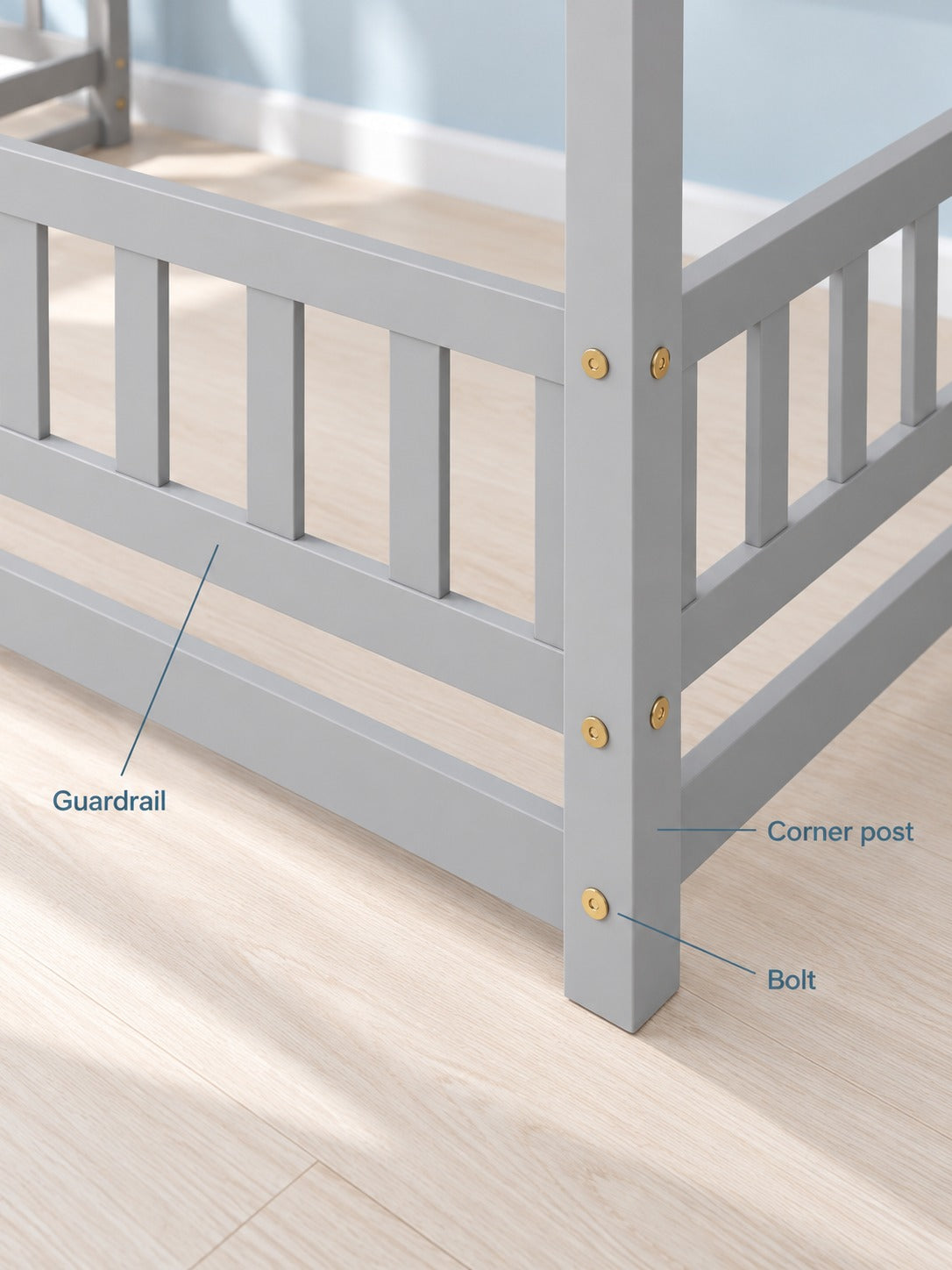 Twin Floor Bed with Guardrails for Toddlers, Grey Wood
