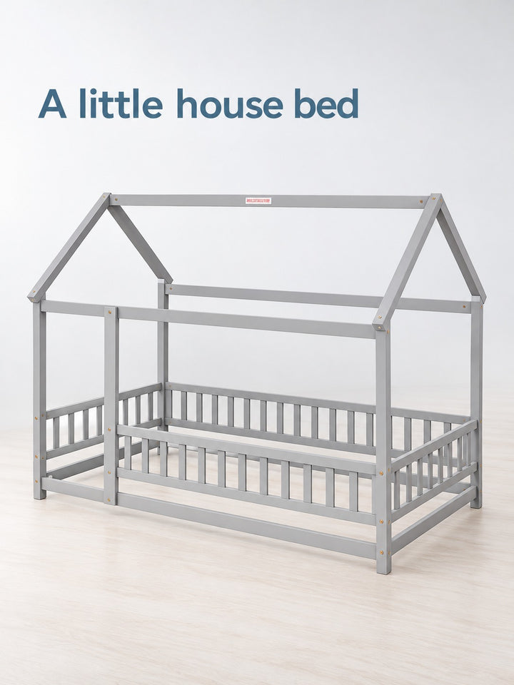 Twin Floor Bed with Guardrails for Toddlers, Grey Wood