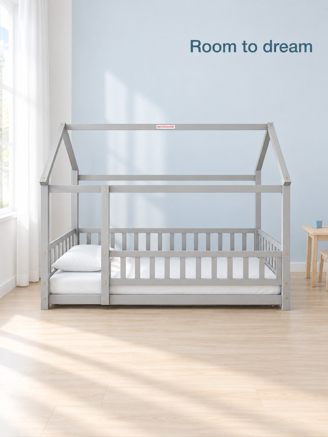 Twin Floor Bed with Guardrails for Toddlers, Grey Wood