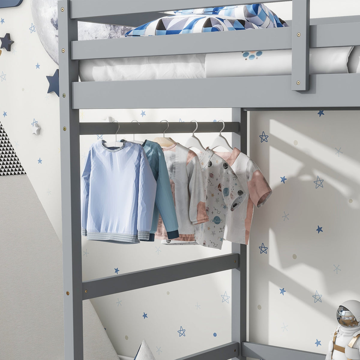 Twin Loft Bed with Ladder and Landing Platform, Grey