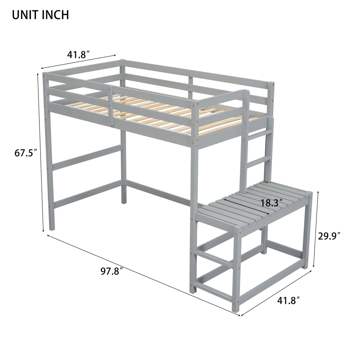 Twin Loft Bed with Ladder and Landing Platform, Grey