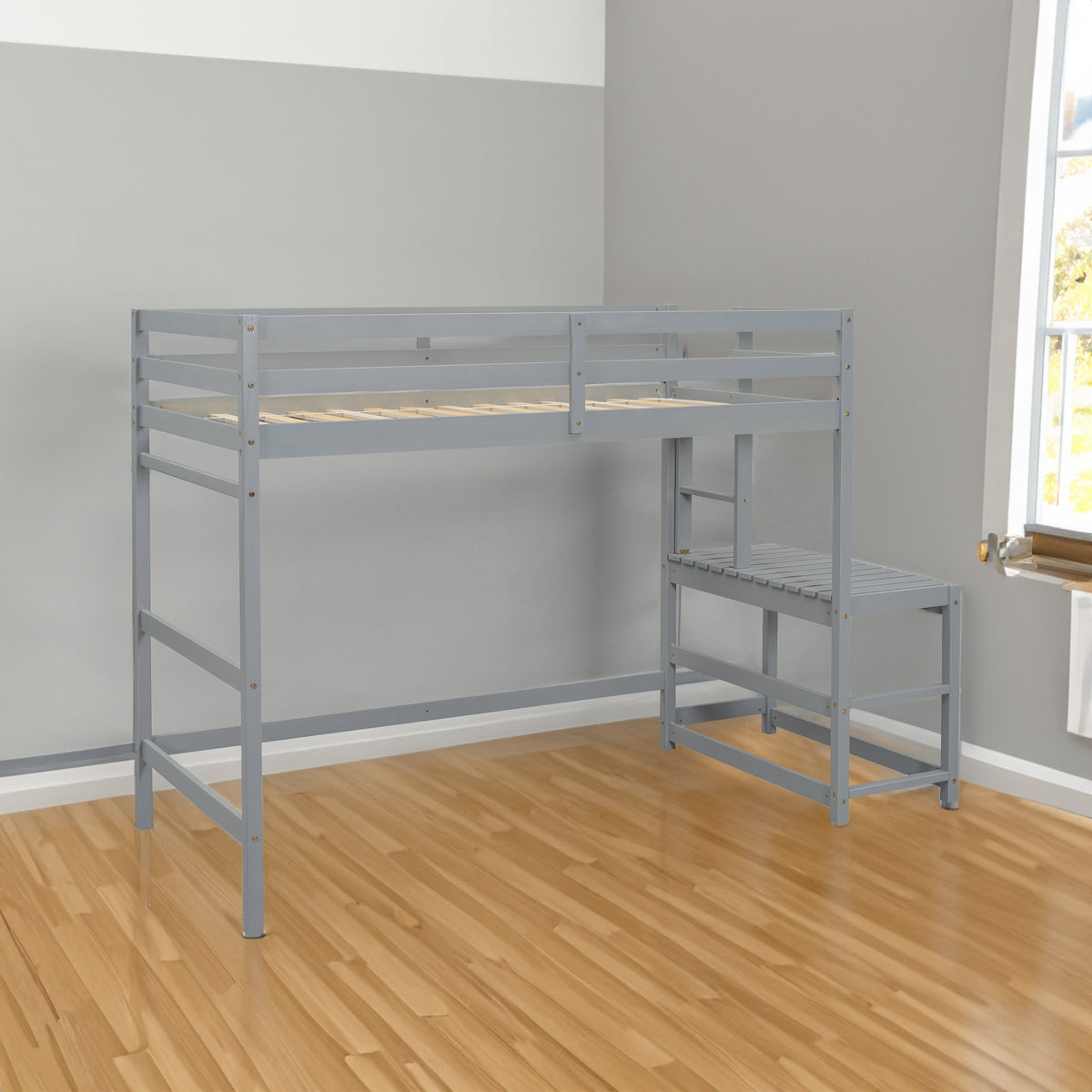 Twin Loft Bed with Ladder and Landing Platform, Grey