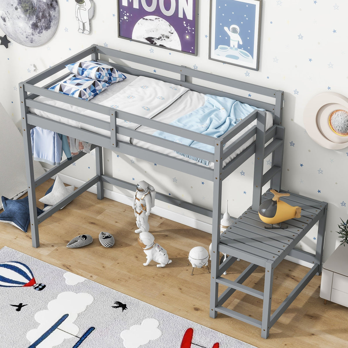 Twin Loft Bed with Ladder and Landing Platform, Grey