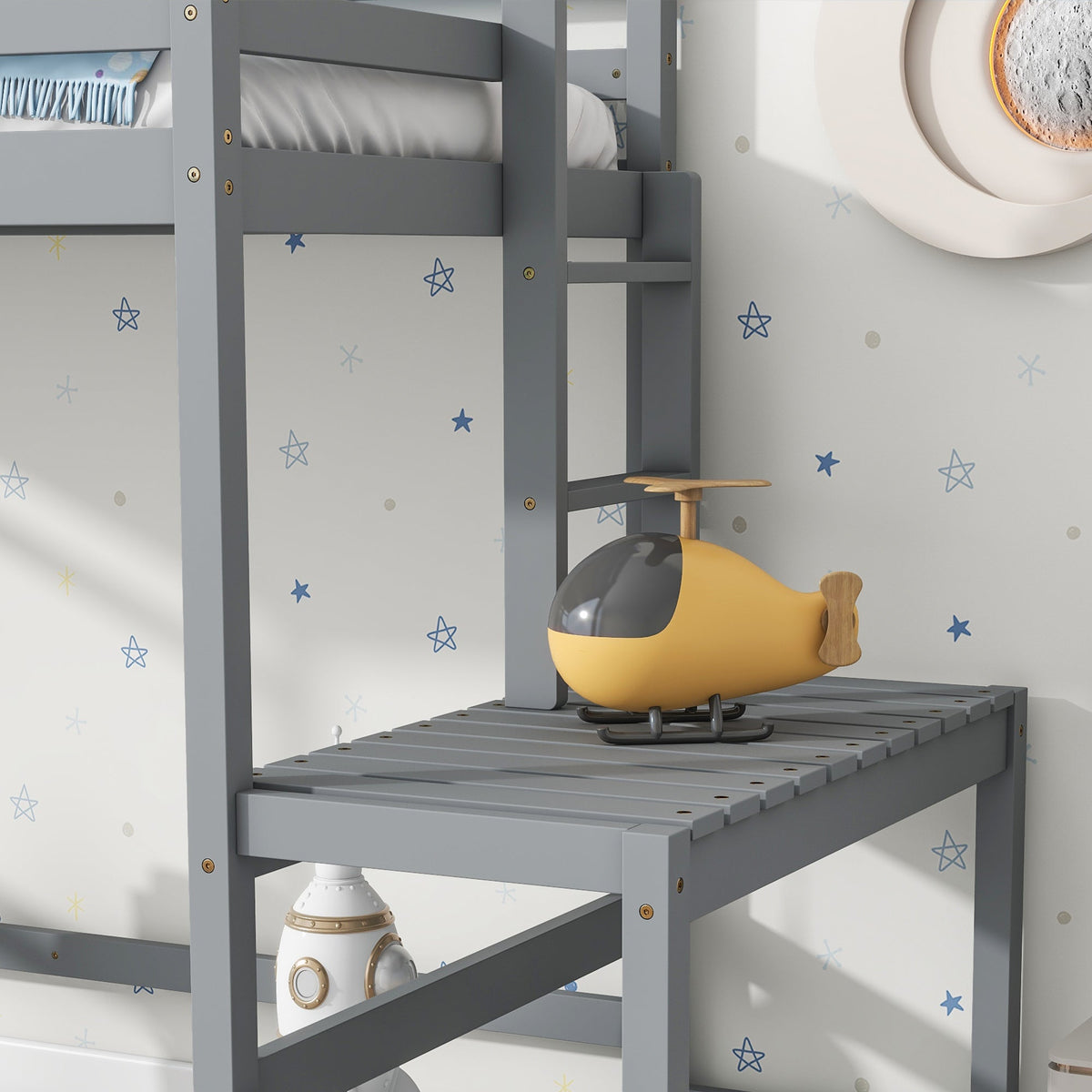 Twin Loft Bed with Ladder and Landing Platform, Grey