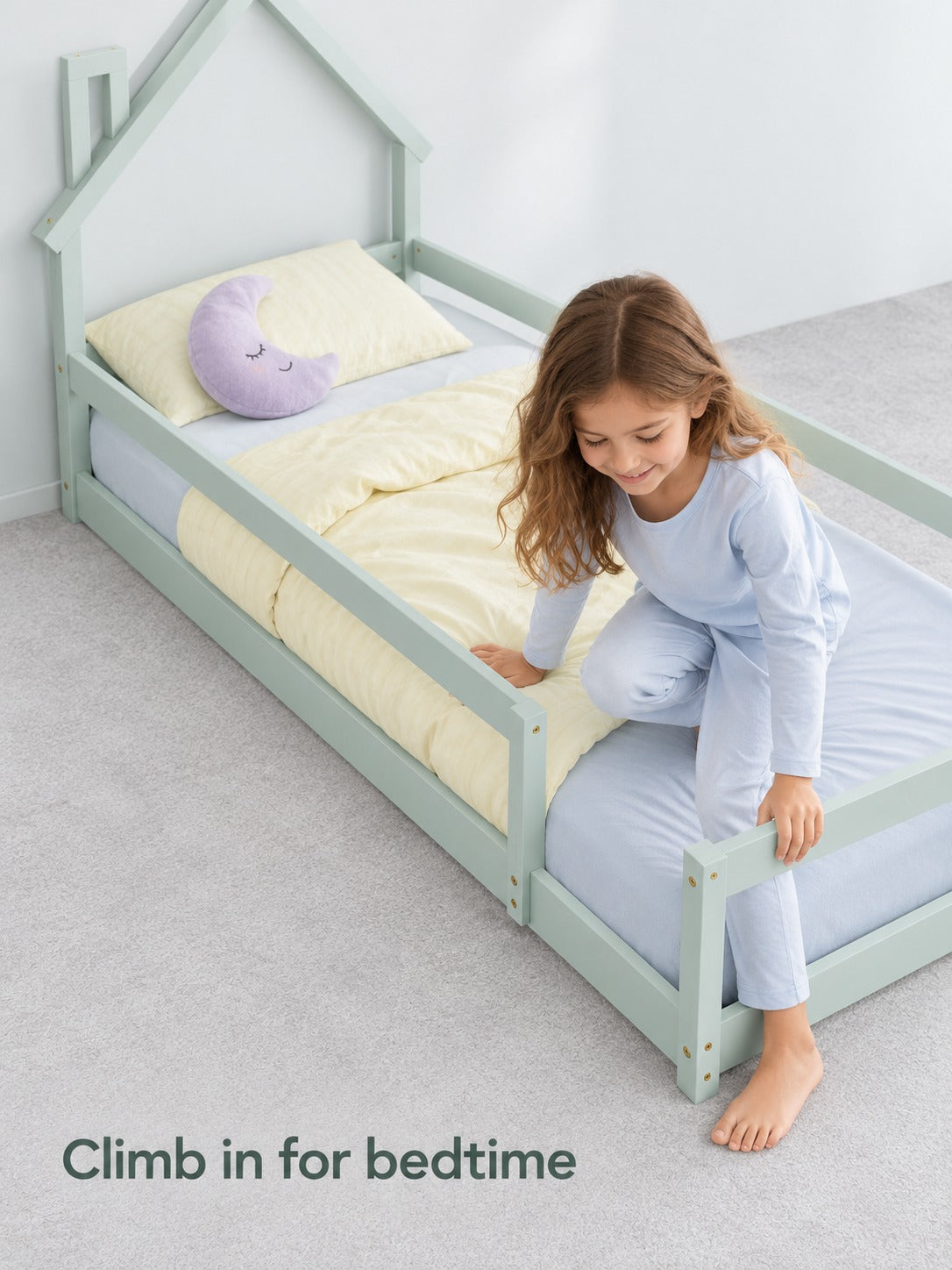 Twin Kids Floor Bed Frame with House Headboard & Rails