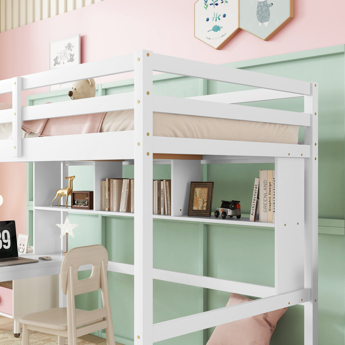 Full Size Loft Bed with Desk and Bookcase for Kids