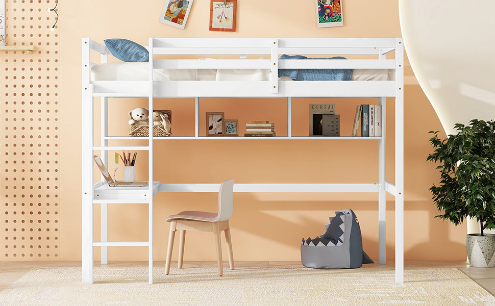 Full Size Loft Bed with Desk and Bookcase for Kids