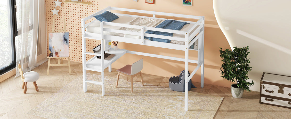 Full Size Loft Bed with Desk and Bookcase for Kids