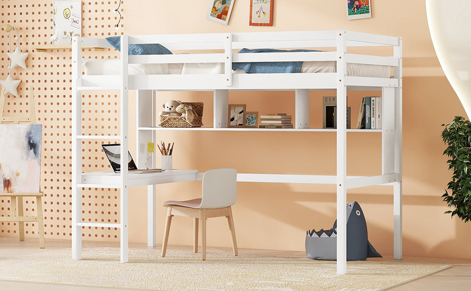 Full Size Loft Bed with Desk and Bookcase for Kids