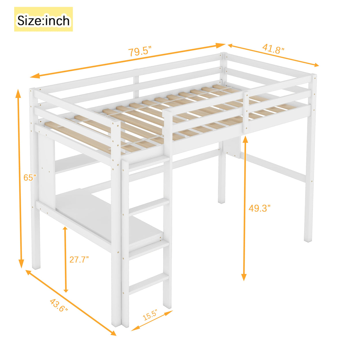 Full Size Loft Bed with Desk and Bookcase for Kids