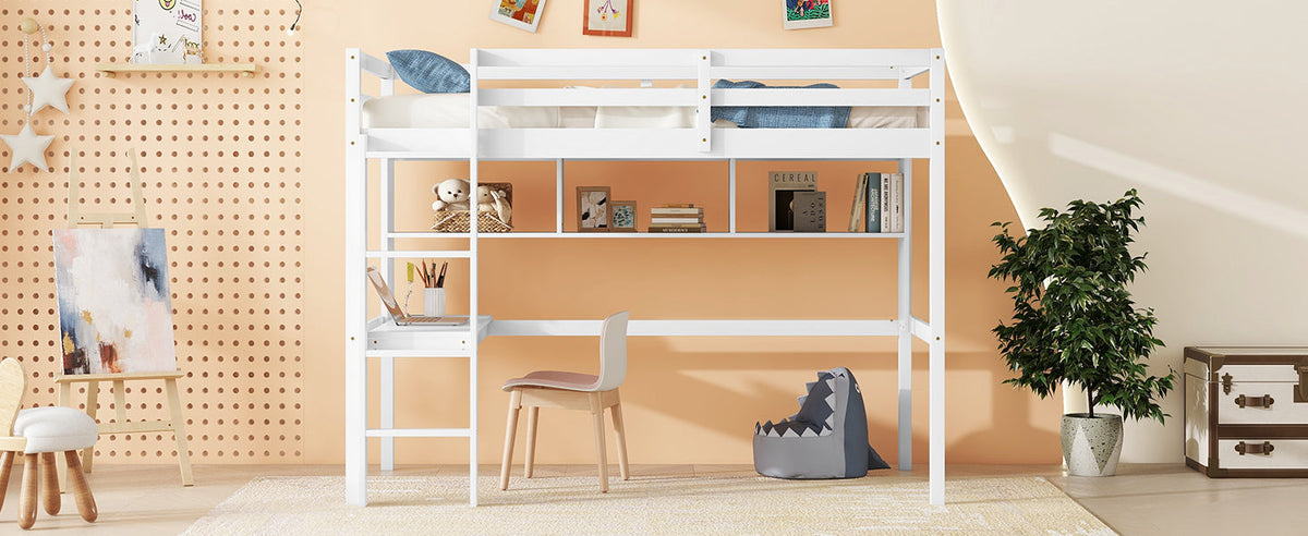 Full Size Loft Bed with Desk and Bookcase for Kids