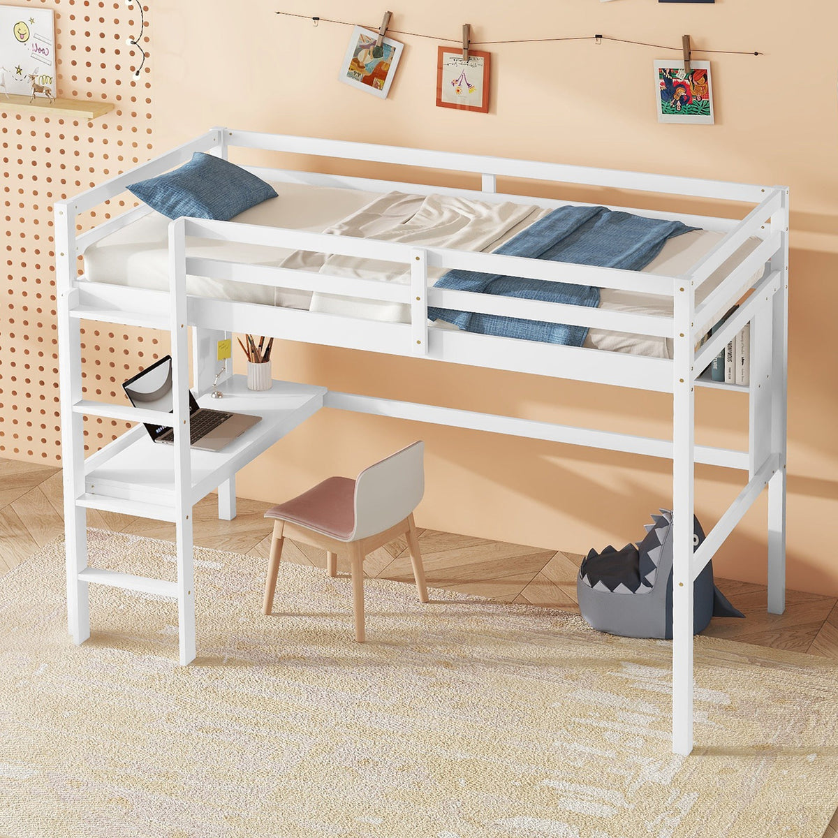 Full Size Loft Bed with Desk and Bookcase for Kids