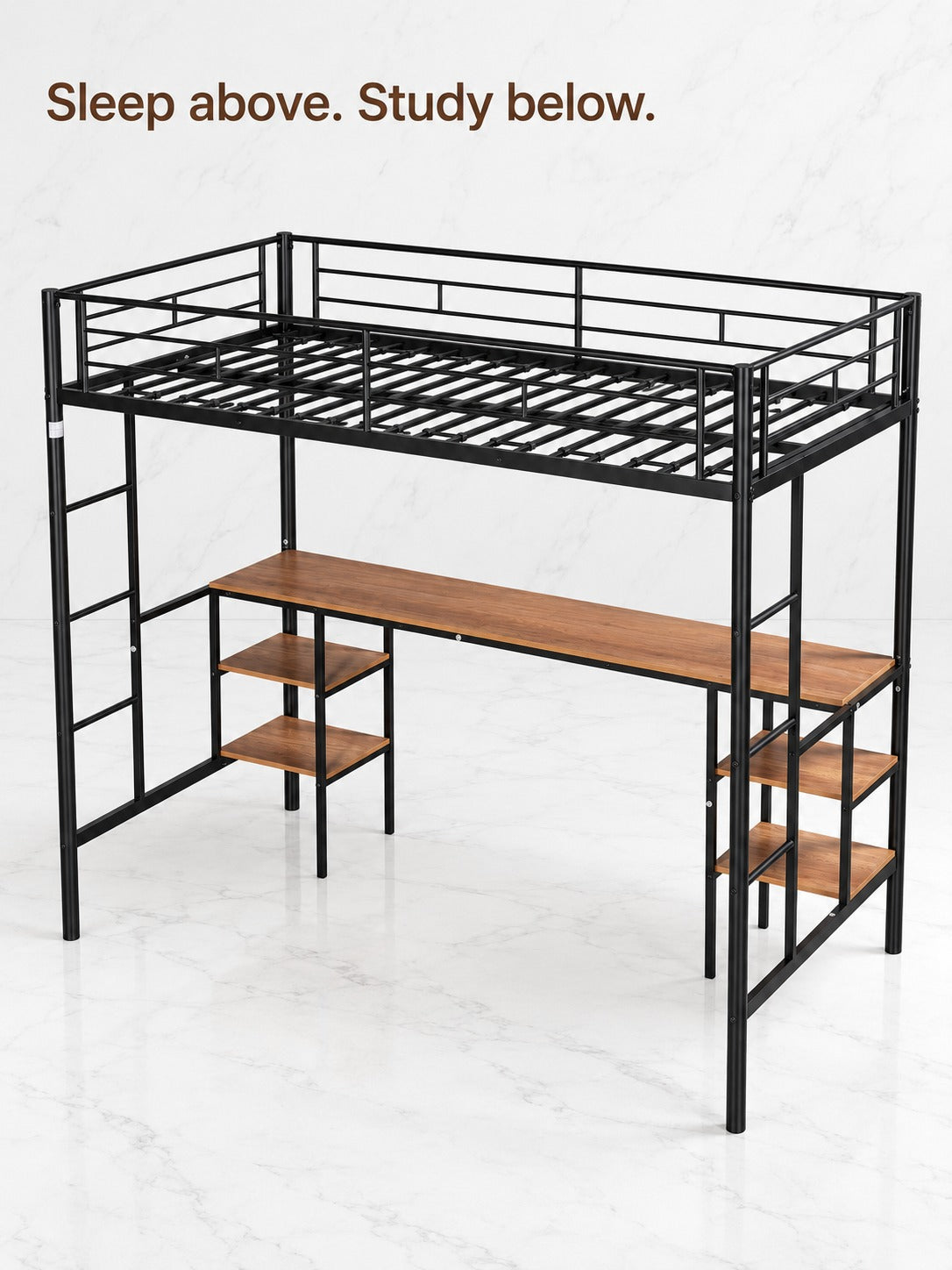 Twin Loft Bed with Built-In Desk, Shelves and Guardrail