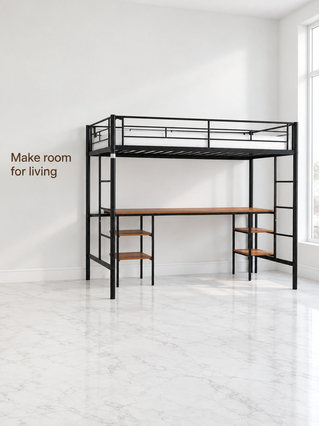 Twin Loft Bed with Built-In Desk, Shelves and Guardrail