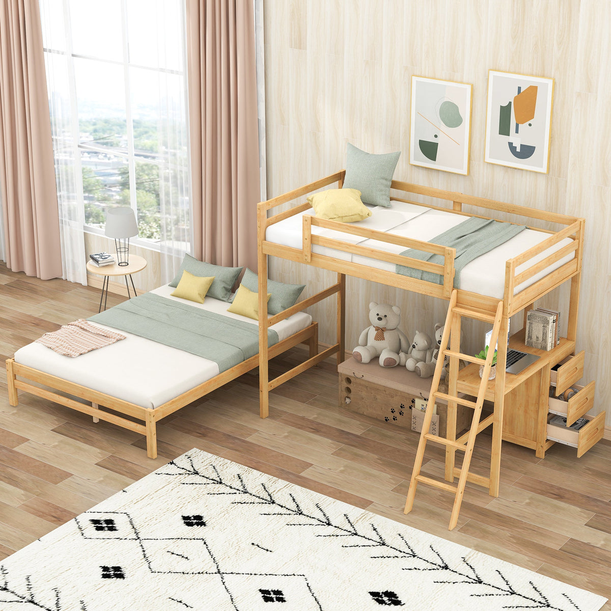 Twin Over Full Bunk Bed with Desk and Storage Drawers