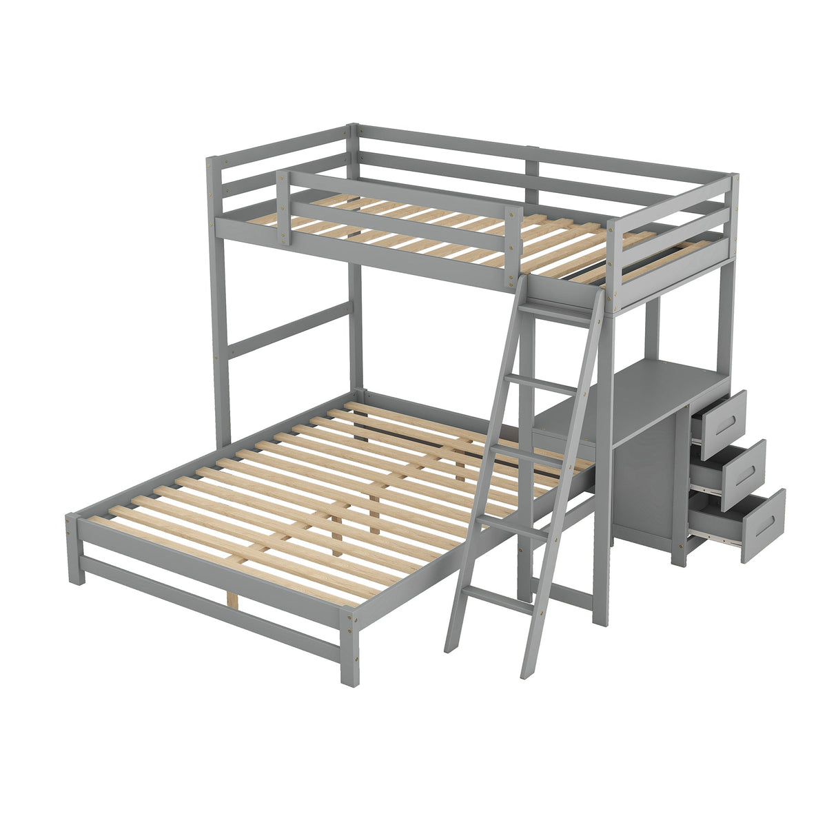 Grey Twin Over Full Bunk Bed with Desk and Drawers
