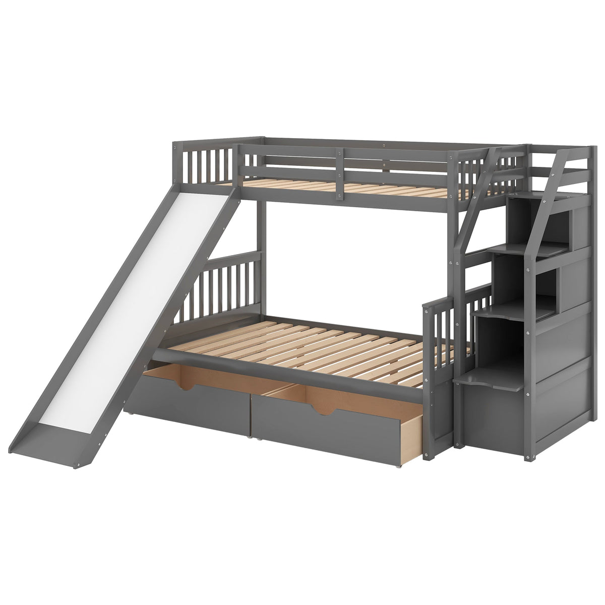 Twin Over Full Bunk Bed with Slide and Storage Drawers