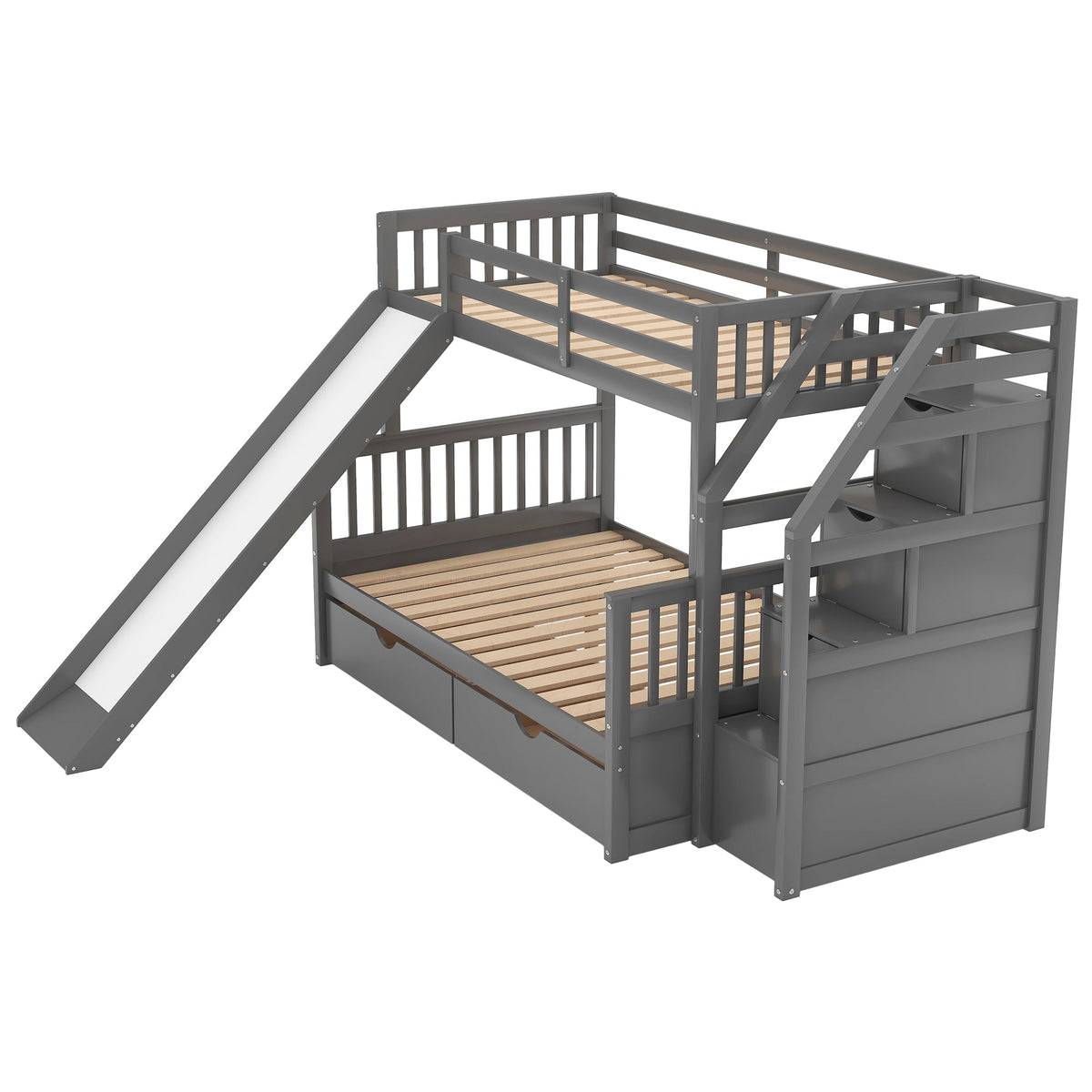 Twin Over Full Bunk Bed with Slide and Storage Drawers