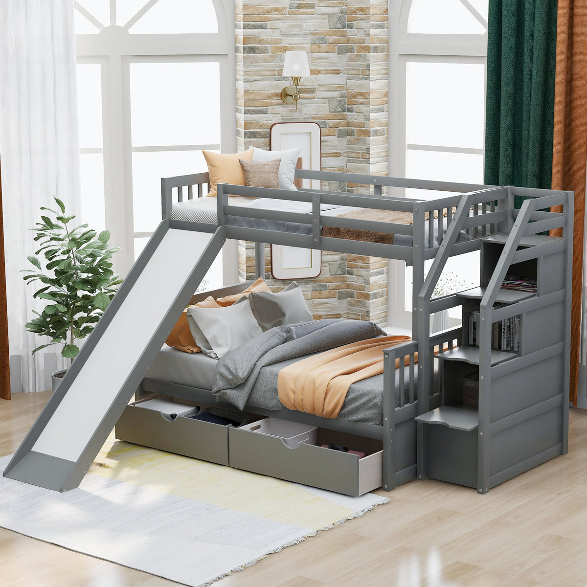 Twin Over Full Bunk Bed with Slide and Storage Drawers