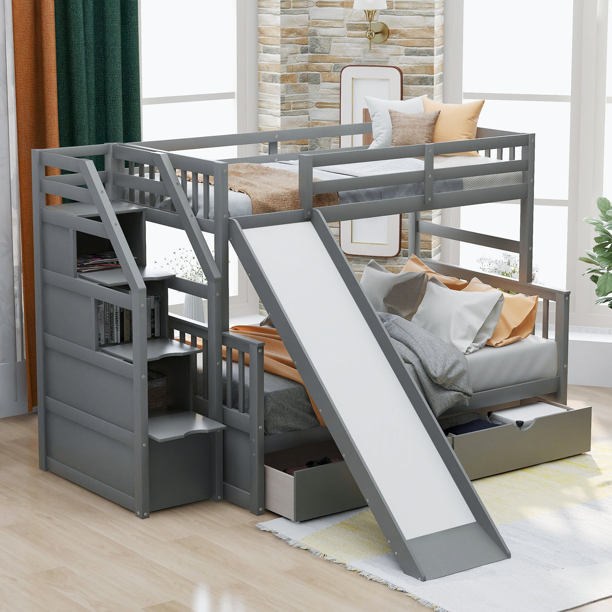 Twin Over Full Bunk Bed with Slide and Storage Drawers