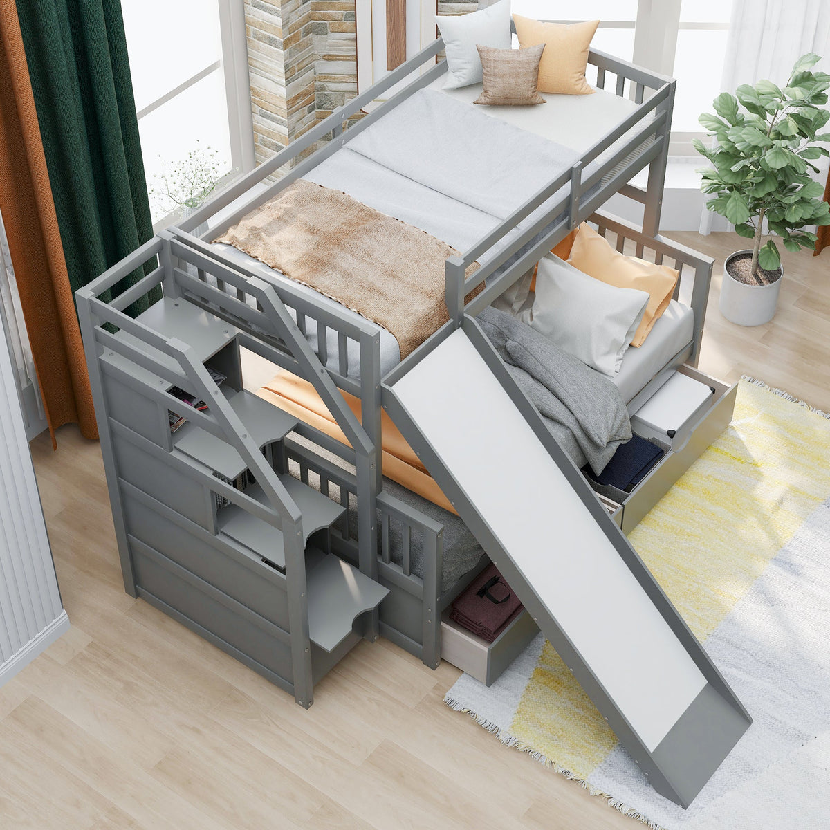 Twin Over Full Bunk Bed with Slide and Storage Drawers