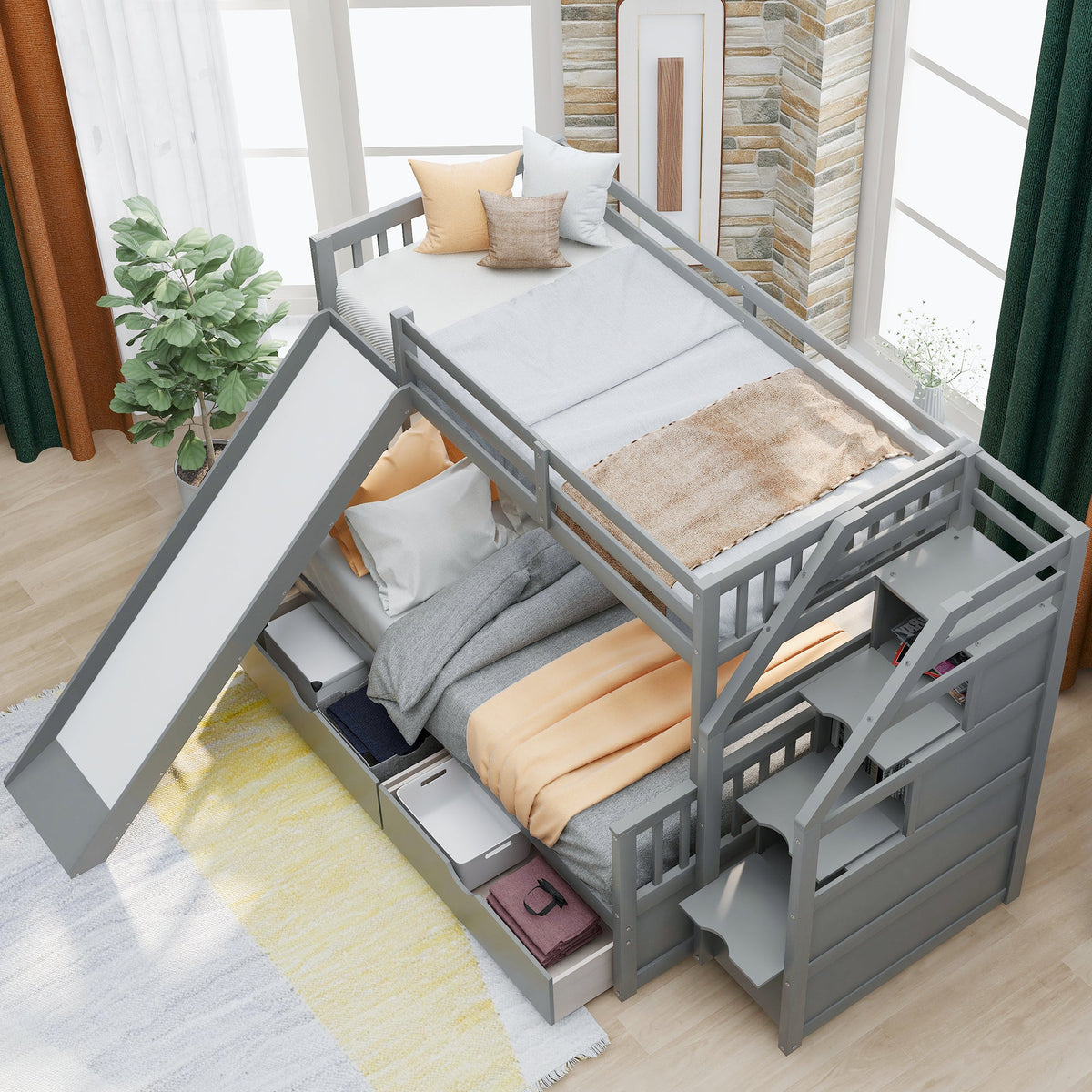 Twin Over Full Bunk Bed with Slide and Storage Drawers