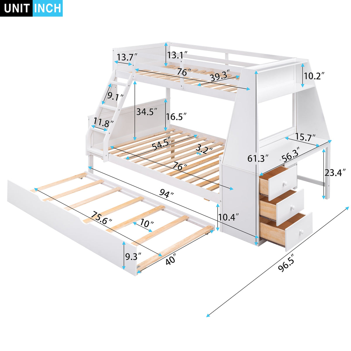 Twin Over Full Bunk Bed with Trundle, Desk & Drawers