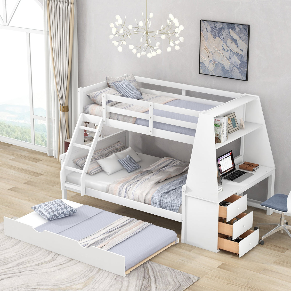 Twin Over Full Bunk Bed with Trundle, Desk & Drawers