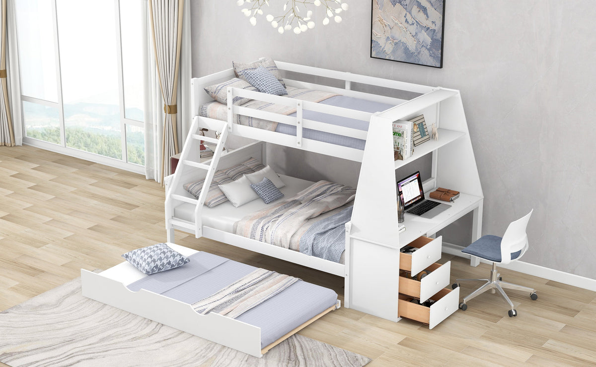 Twin Over Full Bunk Bed with Trundle, Desk & Drawers