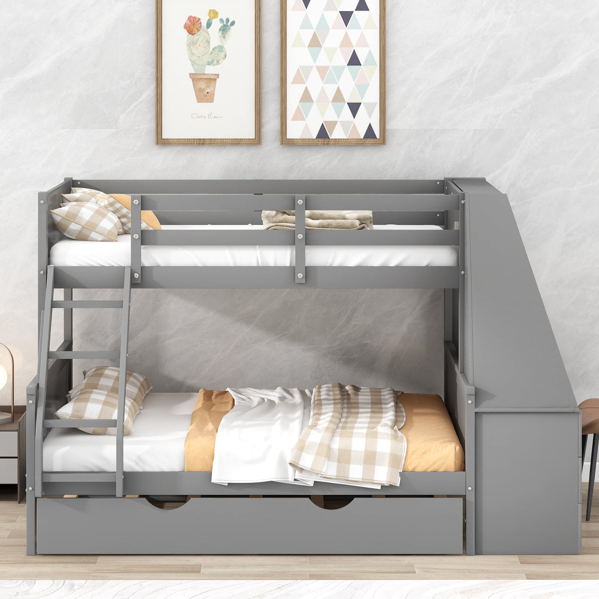 Twin over Full Bunk Bed with Desk, Drawers & Trundle